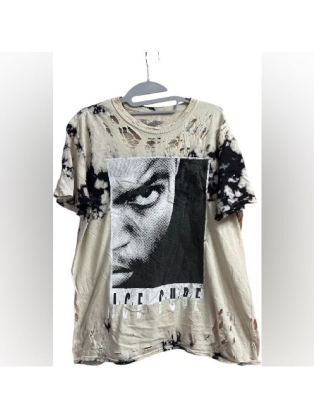 Ice Cube Graphic Distressed Cotton Tie Dye T-Shirt - Black & Cream